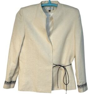 Travis Ayers Blazer Cream Silk Linen Embroidered Collarless Lined Jacket Size 12
